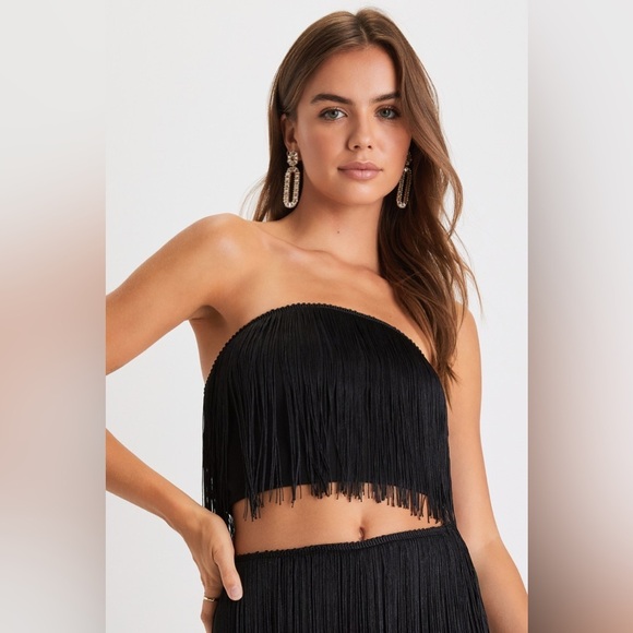 NWT Lulu’s Remarkable Aura Black Fringe Strapless Two-Piece Midi Dress Medium - Picture 2 of 7